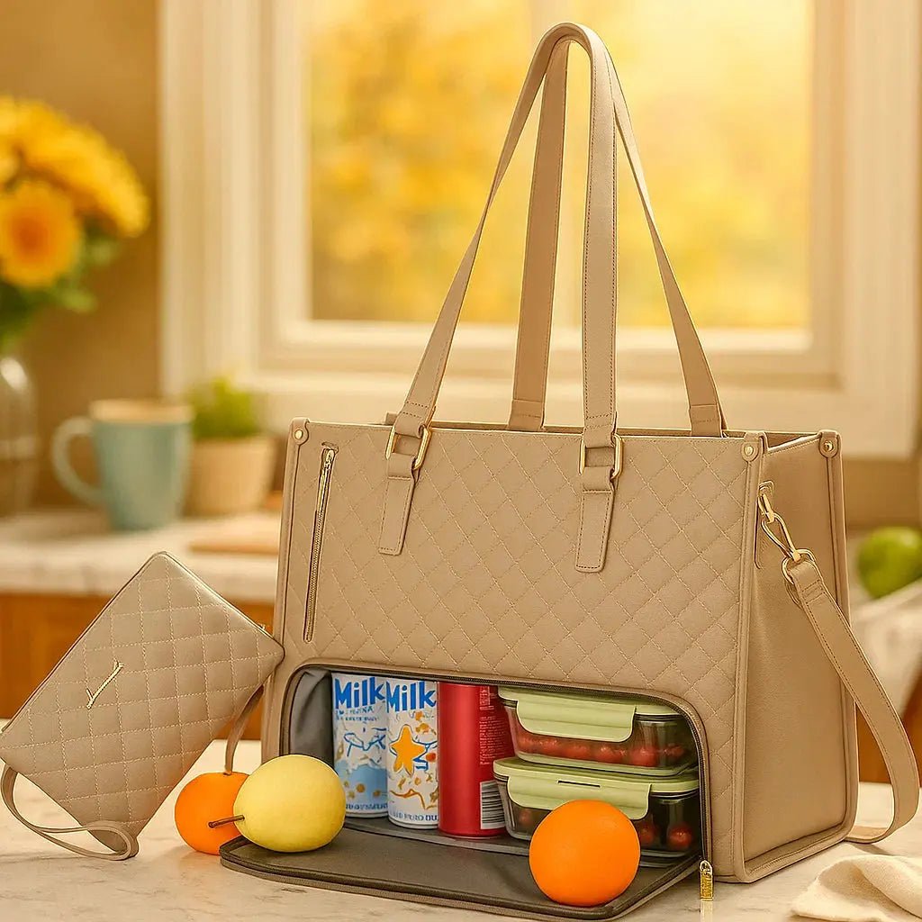 Black and beige insulated laptop bag made from water-repellent material, featuring spacious compartments for organization and protection. 0